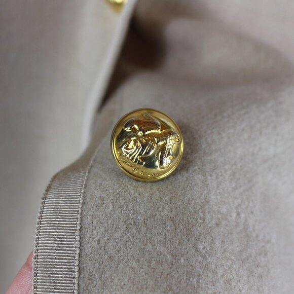Salvatore Ferragamo 1990s Tan Wool Gold Shoe Button Front Top Coat Overcoat Vtg - Picture 7 of 8